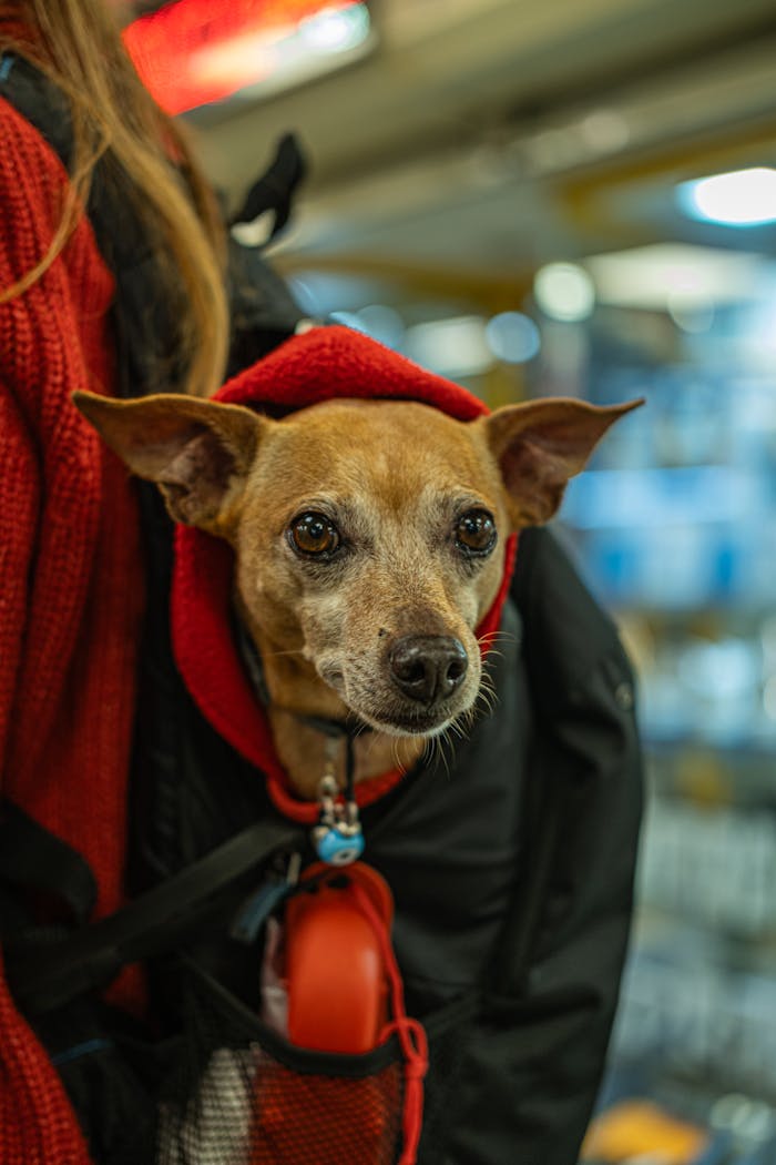 Cute small dog wearing a red hoodie, carried in a backpack indoors. Cozy urban pet scene.